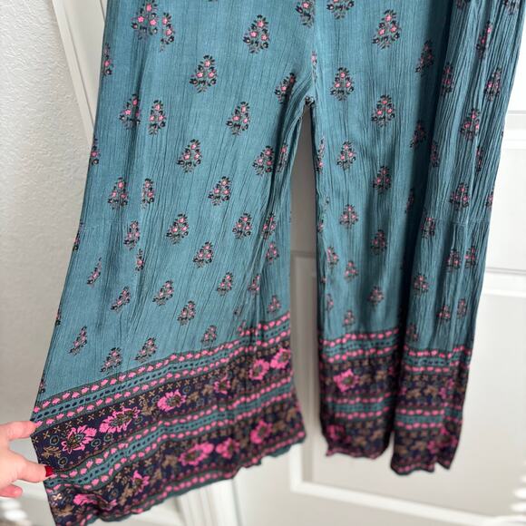 Natural Life Boho Wide Leg Jumpsuit Blue Floral Print Sleeveless Romper Sz L - Picture 7 of 14